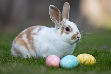Adorable Easter Bunny with Colorful Eggs in Green Grass Celebrating the Spring Holiday Season with a Cute and Festive Scene