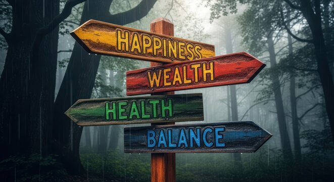 Wooden signposts in a misty forest, pointing to Happiness, Wealth, Health, and Balance (1)