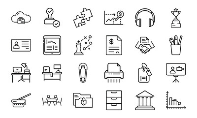 Minimal Line Office and Business Icon Set 24 Clean Vector Icons for Finance, Strategy, Management, Office Desk, File, Planning, Teamwork, Marketing and Workspace UI Design