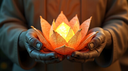 Sculptural metallic hands holding glowing lotus lamp