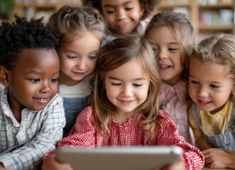 A group of multiethnic children, aged between five and six years old, are sitting around an iPad in the classroom while their teacher shows them something on it.