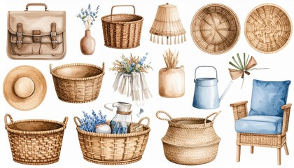 Fototapeta premium Watercolor set of baskets, watering cans, and rustic home decor.