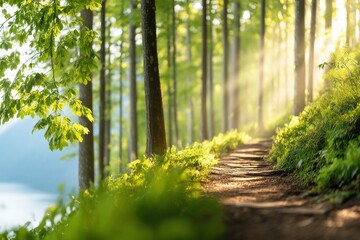A sunlit forest path with tall trees and lush greenery, bathed in warm, golden light filtering through the leaves on a peaceful day.