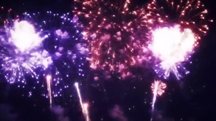 CG animated bright fireworks bursting in night sky. Colorful, festive, and celebratory holiday atmosphere.
