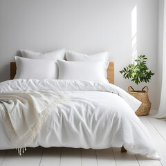 Fresh freshly washed bed linen sheets on a bed lighting is light airy in minimalist white interior