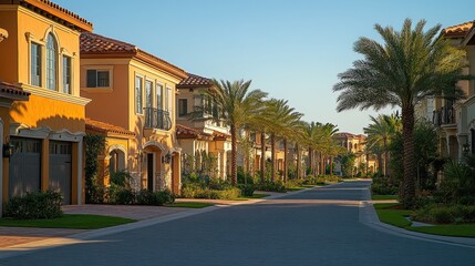 Suburban street with pastel homes, palm trees