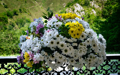 Beautiful Floral Arrangement of Daisies on Ornate Balcony Overlooking Green Hills