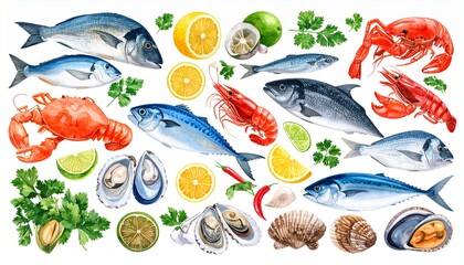 Fototapeta premium A collection of fresh seafood and citrus slices in a vibrant watercolor style, including various types of fish and lemons