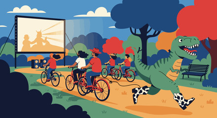 Cyclists and a Dinosaur Enjoying an Outdoor Cinema Experience Together