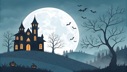 Fototapeta premium Mysterious Halloween Haunted House Silhouette Under Full Moon, Spooky Night Scene