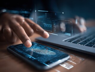 A user accesses document data via a laptop and smartphone equipped with a fingerprint scanner. Cyber security and data protection information privacy internet technology