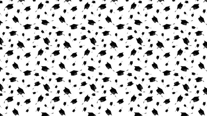 Seamless pattern of graduation caps scattered on a white background for celebratory occasions and events