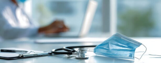 The healthcare workspace showcasing a stethoscope and face mask in focus.