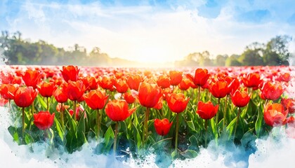 vibrant watercolor painting of a field of red tulips and other flowers under a bright and glowing sky at sunrise or sunset