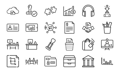 Minimal Line Office and Business Icon Set 24 Clean Vector Icons for Finance, Strategy, Management, Office Desk, File, Planning, Teamwork, Marketing and Workspace UI Design