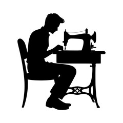 Silhouette of a man sewing at a vintage sewing machine