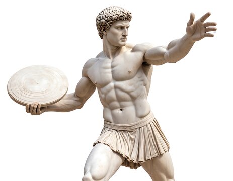 Ancient marble statue of a discus thrower.  Muscular,  athletic figure,  powerful stance,  holding discus