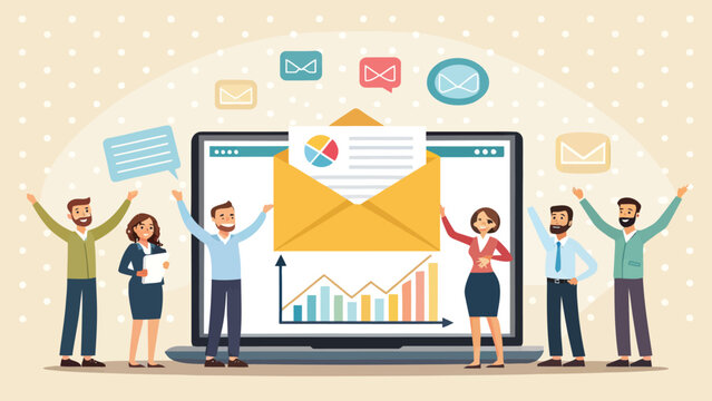 Team celebrating successful email marketing campaign with charts and communication icons

