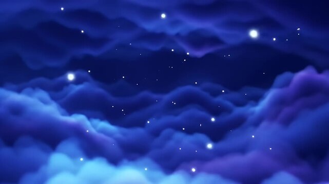 A serene animated journey through a magical night sky filled with glowing purple and blue clouds and twinkling stars creating a peaceful dreamy background