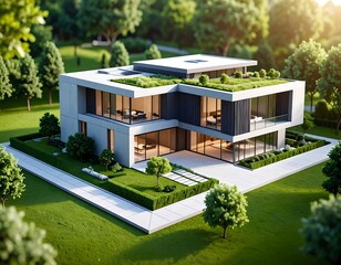 Modern home nestled in a lush garden. Elevated view of a contemporary house with a flat roof and green rooftop garden.  Glass walls, grey concrete exterior, and well-maintained landscaping.  Sunny day