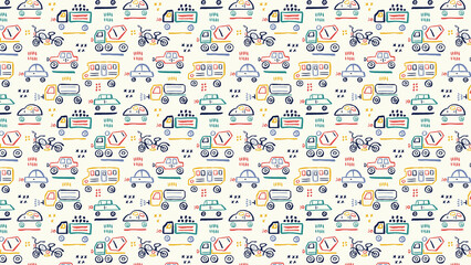 A playful pattern featuring colorful hand drawn vehicles on a light cream colored background design