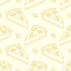 Pattern of lemon pie slices with fresh lemon on a pale yellow background creating a cheerful and vibrant design