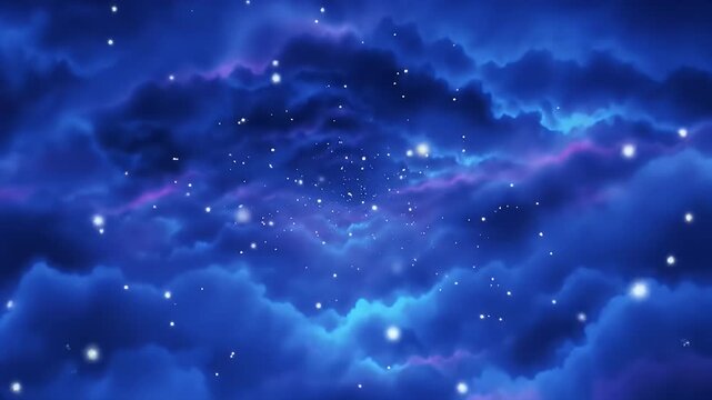 A serene animated journey through a cosmic cloud tunnel of blue and purple nebulas with glowing stars seamless video loop - Powered by Adobe