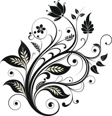Intricate Black Floral Ornament with Swirls and Leaves