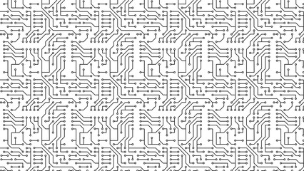 A detailed view of a complex circuit board pattern with intricate black lines on white background