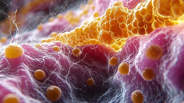 Enhanced visual of skin cells showing collagen and vitamins, focusing on the micro-structure and arrangement of these components in the epidermis and dermis