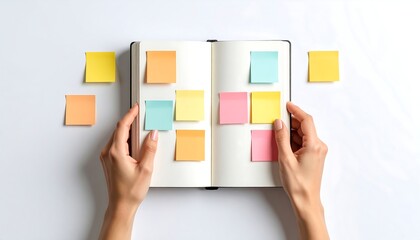 ands flipping through notebook pages, Planning and Organization Notebook with Sticky Notes