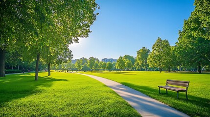 serene park landscape with soft morning light for tranquil summer experience peaceful greenery calm atmosphere relaxation wellness concept.