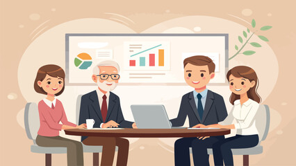 Business team meeting with laptop and data presentation in office setting

