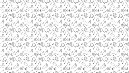 Monochrome pattern featuring music related doodles with headphones and musical notes scattered around