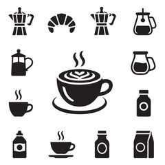 Black and white coffee icons set for menu design and branding projects, simple cafe elements collection