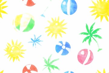 A watercolor pattern featuring stylized suns, beach balls, and palm trees scattered on a white background