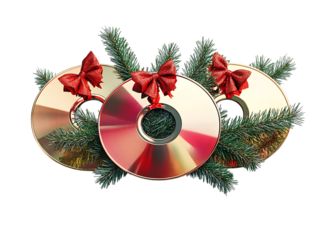 Three circular compact discs decorated with green fir branches and red bows isolated on transparent background