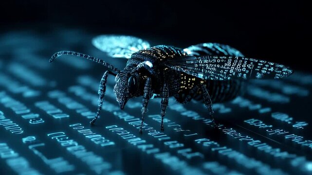 Digital bee on a dark code background