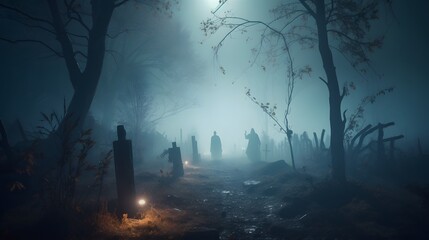 Obraz premium A dark Halloween forest with glowing ghostly figures floating between the trees, moonlight shining through the fog, creating a haunting and mysterious atmosphere.