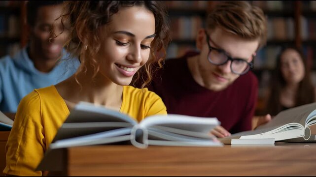 The Library: A serene study session unfolds in a cozy library setting, as focused students delve into their books, radiating a collective atmosphere of knowledge and contemplation.