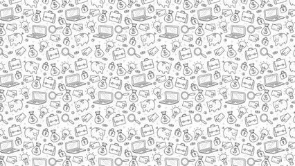 Seamless pattern with hand drawn business and finance elements in black and white style design