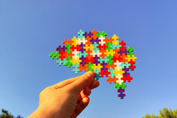 Multicolored puzzle in the shape of brain held in hand. Mental health and problems with memory. Autism and Neurodiversity concept. 