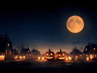 満月とジャックオーランタンが灯るハロウィンの夜の街並み