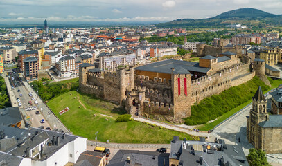 Aerial view of the historic Templar Castle in Ponferrada, Spain