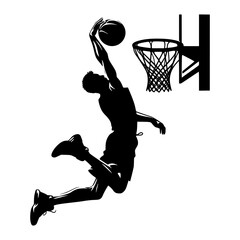 Silhouette of a basketball player performing a powerful slam dunk