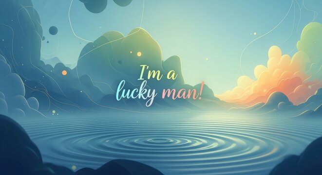Abstract landscape with "I'm a lucky man" text over water ripples and colorful clouds. Digital art for positive emotion.