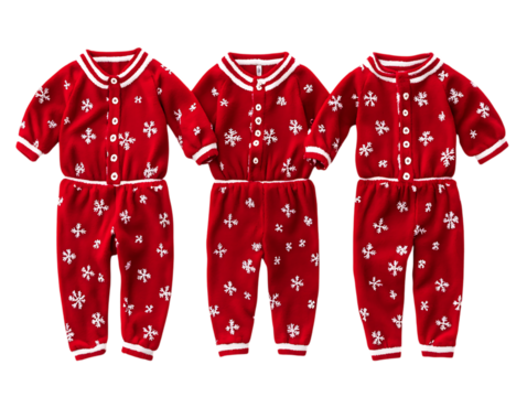 Three red baby pajamas with white pattern isolated on transparent background