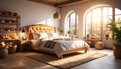 Cozy bedroom with sunlight and bread display