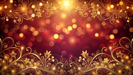 Luxurious Gold Floral Design, Festive Red Bokeh Background; Elegant Holiday Sparkle