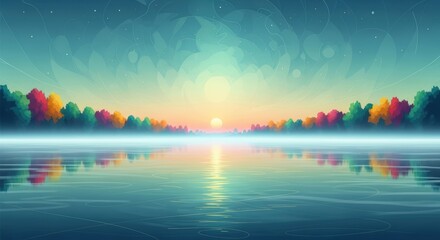 Abstract sunset over a lake with colorful trees reflecting on the water surface. Stylized serene landscape for nature art.